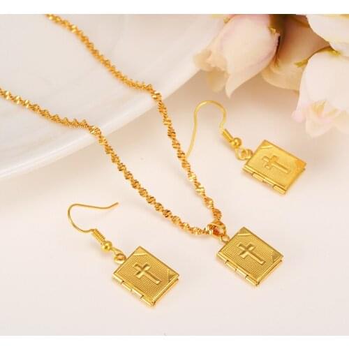 Gold cross jewelry sets Pendant Chain/Earrings Necklace Gold Color Christians necklace earring