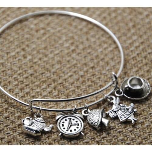 12pcs Alice in wonderland Bracelet with rabbit clock tea kettle and cup and mushroom charms