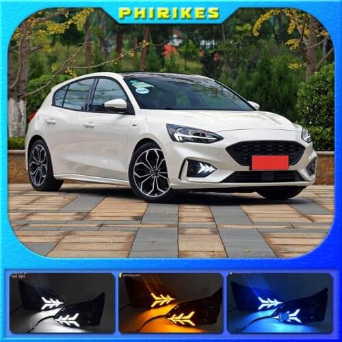 2PCS DRL Car LED Daytime Running Light fog lamp driving light with Turning Yellow Signal style Relay for Ford Focus 2019
