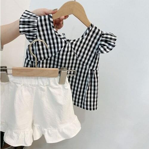 Girl Clothes Set Cute 2021 Summer Children Clothing Flying Sleeveless Tops+White Shorts 2Pcs Plaid Kids Clothing