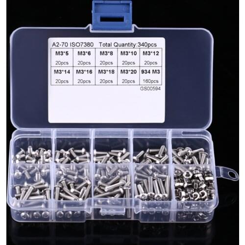 340PCS/Lot M3 Button Head Hex Socket Screw Bolt Nut Stainless Steel SS304 M3 Screws Nuts Assortment Kit Fastener Hardware