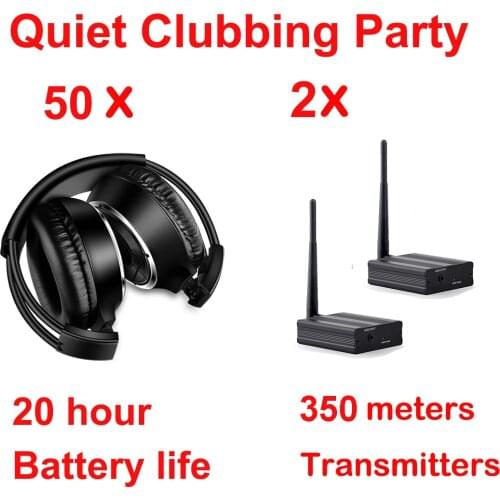 Silent Disco Complete System Black Folding Wireless Headphones - Quiet Clubbing Party Package (50 Headphones + 2 Transmitters)