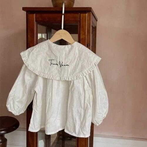 New 2021 Autumn Korean Style Baby Girls White Shirts Embroidery Letters Ruffles Collar Toddlers Kids Blouses Puff Sleeve Tops