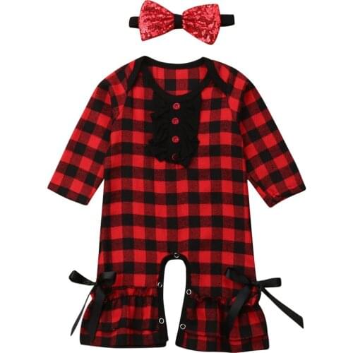 Chirtsmas Newborn Baby Girl Boy Cotton Clothes Set Plaid Knitted Romper Jumpsuit Autumn Outfit Headwear 2Pcs Baby Outfit 0-24M