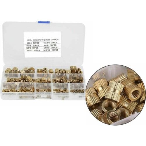 Nutting Set 210pcs M2-M10 Brass Insert Nut Cylinder Knurled Nuts Threaded Molding Brass Knurled Thread Embedded Nuts Set