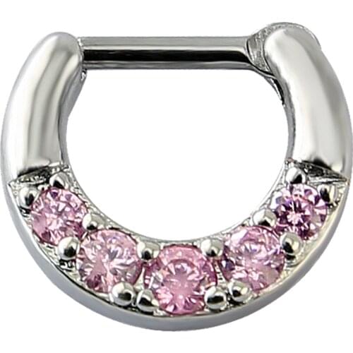 Real Nose Hoop Ring With Five Pink Zirconia 316L Surgical Steel Horseshoe Nostril Septum Clicke Ring Women Body Piercing Jewelry