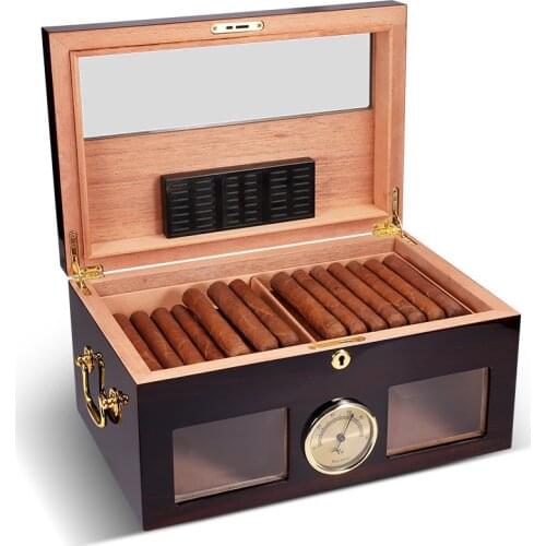 LUBINSKI Humidor Cigar Box Glass Cedar Wood 75-100CT Capacity Big Cigar Humidor Box Home Storage Cigars Tool Box W/ Hygrometer