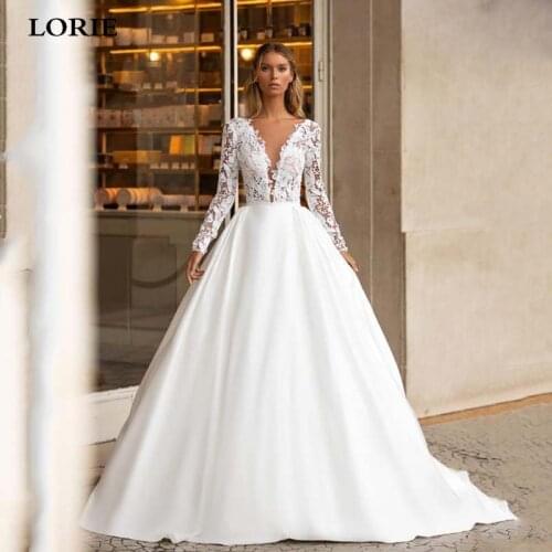 LORIE Long Sleeve Satin Wedding Dresses Elegant Lace Appliques Backless Boho Bridal Gowns Sexy V Neck Beach Wedding Gowns