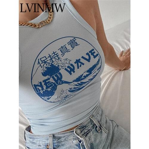 LVINMW Characters O Neck Sleeveless Casual Slim Tank Solid Basic Fashion Printing Crop Top Women Ribbing Stretchy Girls Tops