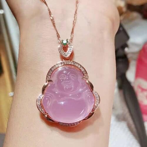 Chalcedony Set Three-piece Necklace 925 Silver-inlaid Agate Pink jade Jewelry Dropping Earrings Ring Gift