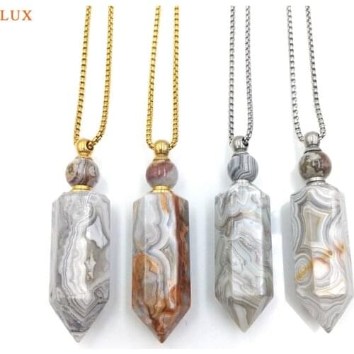 Natural Lace Agates Necklace Gems stone Perfume Bottle Pendant Hexagon Prism Essential Oil Diffuser Healthy Pointed Vial Jewelry