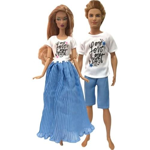NK 2 Pcs /Set Doll Daily Wear Casual Skirt Couple Dress For Barbie Doll Accessories Boy Girl Clothes Toy For Ken Doll 03A