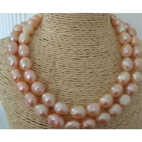 2 rows 12-13mm south sea baroque gold pink pearl necklace 18"19"