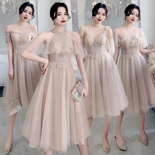Bridesmaids Dresses Illusion Short Halter Lace Tulle Off The Shoulder A-Line Embroidery Luxury Pink Lady Wedding Party Gown E666