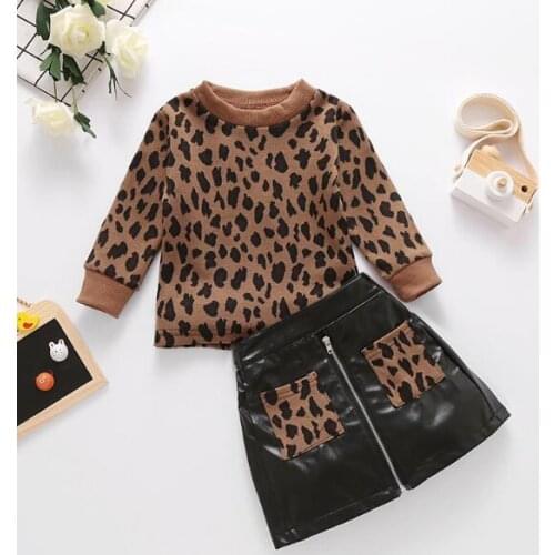 Pudcoco Girls Two Piece Clothes Set Toddlers Pullover Brown Leopard Sweater Hip Pocket Skirt for Kids and Children 1-5 Years