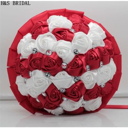 H&S BRIDAL White and red crystal Wedding Flowers Bridal Bouquets Artificial Wedding Bouquets Rhinestone Rose buque de noiva