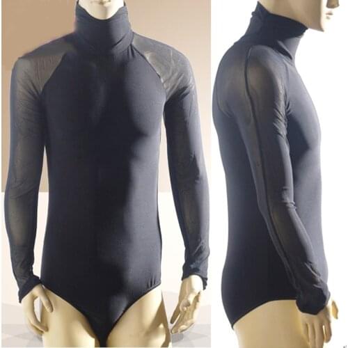 Latin Dance Top Black High Collar Mesh Bodysuit Shirts Men Cha Cha Rumba Samba Tango Salsa Dancing Practice Show Wear DNV12066