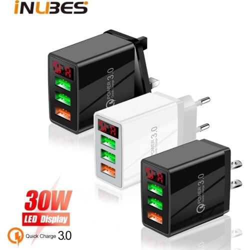 30W LED Digital Display QC 3.0 USB Charger 3 Ports Mobile Phone Wall Charger For iPhone Fast Charging Adapter For Samsung Xiaomi