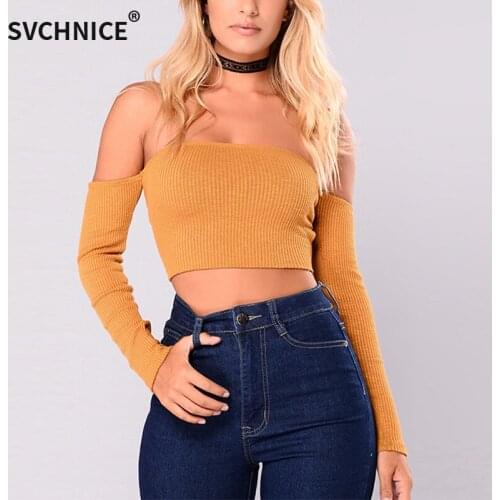 Off Shoulder T Shirt Women Long Sleeve Female Crop Top Backless Bandage Black Yellow Ladies Clothing