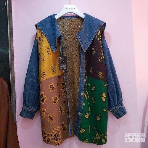 European 2020 Autumn New Big Turn-down Collar Loose Straight Long Jeans Denim Coat Florals Patch Casual Sweet Girls Trench Coat