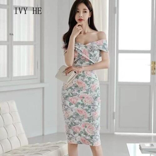 IVY HE High Quality Summer Dress Woman Clothing New Sexy Alash Neck Printed Wrap Arm Midi Long Dress Traf Robe ZA Party Dresses