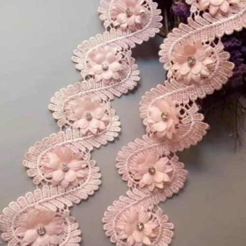 10pcs/lot Soluble Pink Pearl Flowers Polyester Embroidered Lace Trim Ribbon Handmade Sewing Craft For Costume Hat Decoration