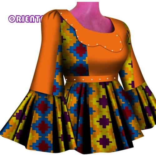 2021 African Clothes for Women Fashion Flare Sleeve Women Dashiki Tops Shirt Pearls African Wax Print Bazin Riche Shirt WY7048