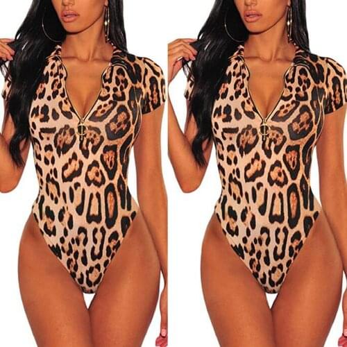 2021 Womens Short Romper Pajamas Sexy Leopard Print Zipper Bodysuit Short Sleeve Jumpsuit Leotard Romper Комбинезон Женский