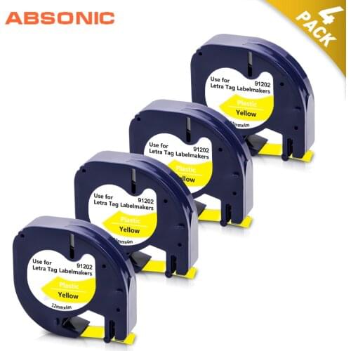 4PK 12mm Replace DYMO LetraTag Label Tapes 91332 91222 91202 Black on Yellow for LT-100T Plus LT-100H XM 2000 DYMO QX50 Printer