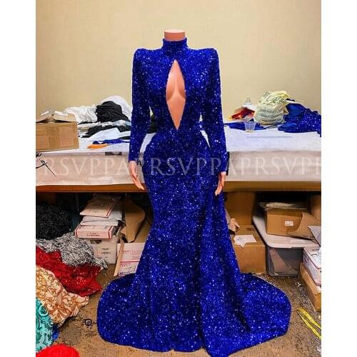 Sparkly Long Prom Dresses 2021 High Neck Long Sleeve Sexy Mermaid Royal Blue Sequin African Black Girl Prom Gala Dress
