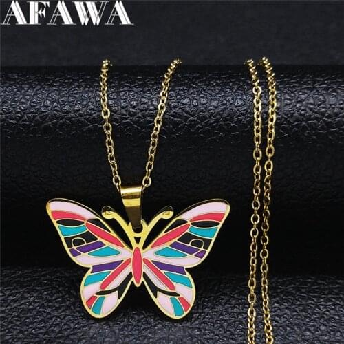 Stainless Steel Colorful Enamel Flower Butterfly Necklaces Chain Women/Men Pendant Necklace Jewelry collier papillon N9515S01