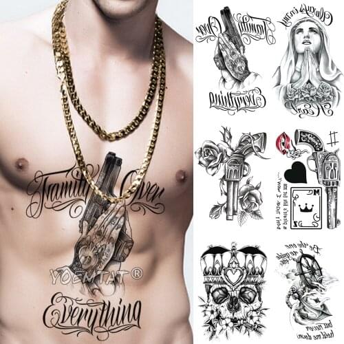 Skull Praying Spades Arm Temporary Tattoo Sticker Gun Rose Flower Waterproof Tatto Virgin Mary Body Art Fake Tatoo Men Women