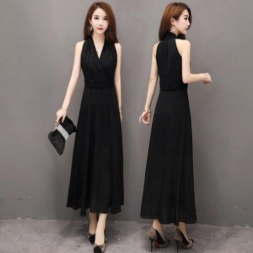 Black chiffon dress female summer waist was thin 2020 new long section v-neck strapless sexy halter dress