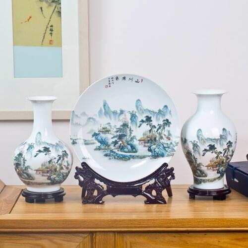 Jingdezhen Ceramics Vase Set Landscape Chinese style Home Furnishing Vase Plate Decoration
