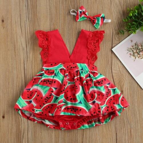 Baby Watermelon Print Clothes Set, Baby Girls Clothes Sleeveless Deep V-neck Short Jumpsuit + Bow-knot Headband Summer Set