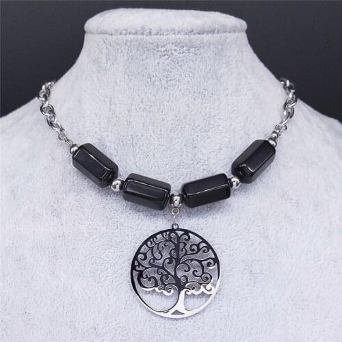Tree of Life Obsidian Necklaces Silver Color Stainless Steel Charm Necklace Women Jewelry collares de mujer N35S04