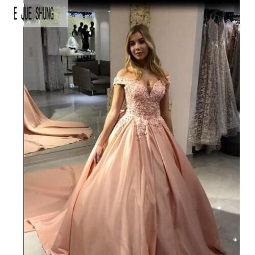 E JUE SHUNG Modest Pink Satin Wedding Dresses Off The Shoulder Lace Appliques Lace Up Back Bride Bridal Dresses vestido de noiva