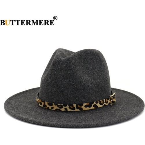 BUTTERMERE Wool Fedora Hat for Women Men British Style Vintage Wide Brim Fedoras Felt Hat Jazz Leopard Decorate Couple Cap