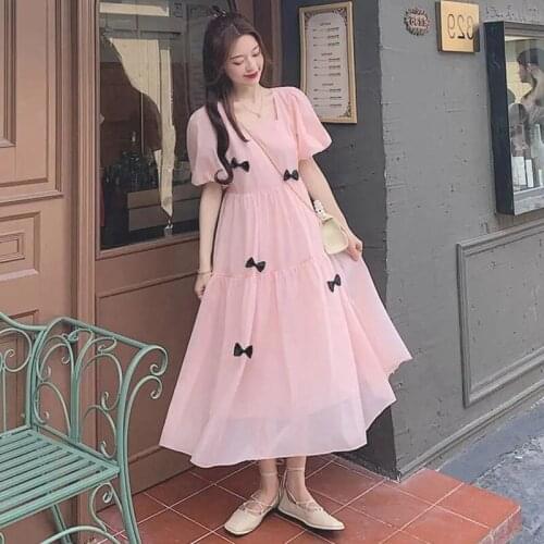 French retro square collar yarn bow embellishes long dress Casual Cotton Bow O-Neck Summer dresses for women party