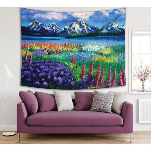 Tapestry Snow Caped Mountains and Lacquer Colorful Wild Flowers View Landscape Oil Painting in Blue Green Purple