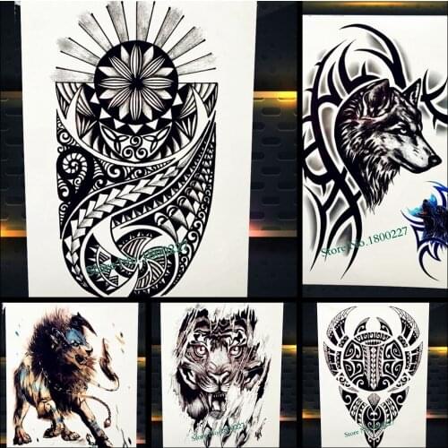 Indian Black Totem Temporary Tattoo Stickers For Men Body Art Arm Sleeve Tattoo Waterproof Fake Flash Tattoo Wave Triangle Gem