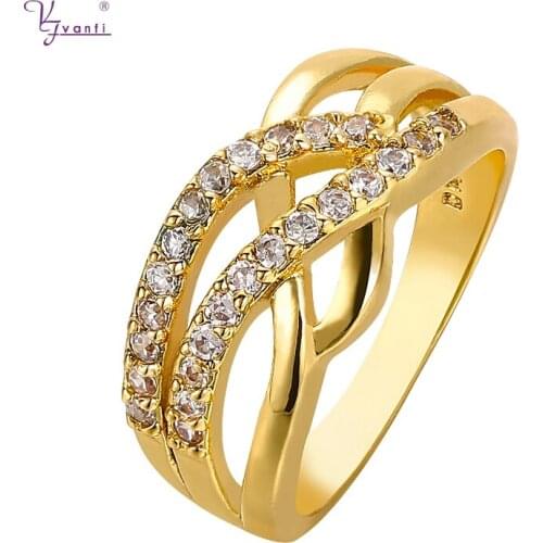 Kfvanfi New Design Women Yellow Gold Colour Clear Square Brass Ring Zircon Stone Fashion Wedding Party Ring For Women Ladies