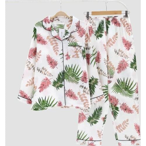 KISBINI Autumn Women Pajamas Sets Leaf Print Long Sleeves Loose Nightwear Fall Cotton Sleepwear For Lady Pijamas Home Suit