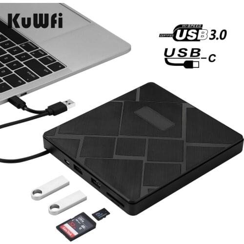KuWFi USB3.0+Type-C DVD Burner DVD RW CD Writer External Optical Drive CD/DVD Player TF/SD Card Reader for Mac Laptop Windows PC