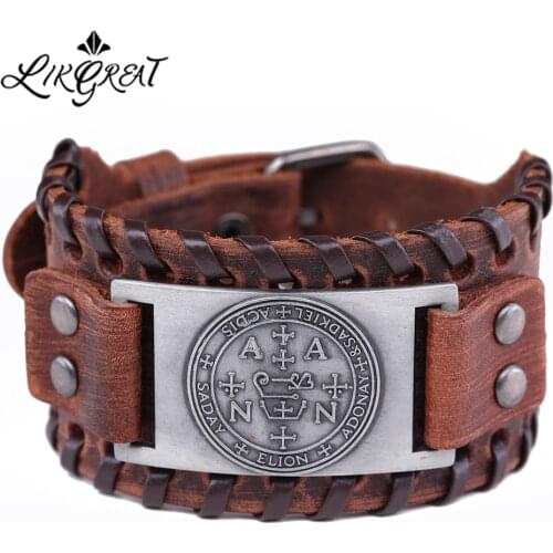 LIKGREAT Uriel Archangel Penal Angel Wristband Cuff Bracelet Pulseira Masculina Leather Wrap Bracelets Adjustable Men Jewelry