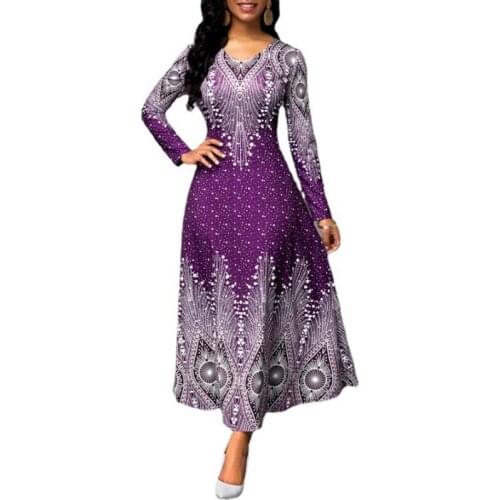 Muslim Dress Women Abaya Spring Autumn Dashiki Print Blue Long-Sleeved Slim V-Neck Loose Túnicas Mujer Ankara Casual Long Skirt