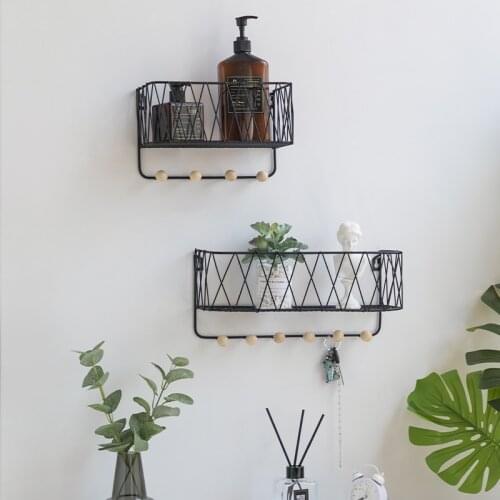 Ins Nordic Wrought Iron Grid Wall Shelf Creative Home Wall Hook Wall Mounted Storage Rack Metal Potted Racks Book Storage Basket