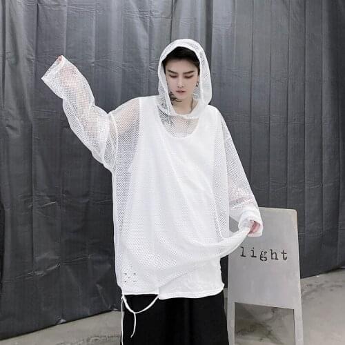 Men Summer Streetwear Loose Pullover Hooded Mesh Long Sleeve Casual Shirts Male Unisex Hip Hop Gothic Shirts Stage Clothing