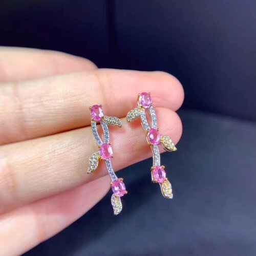 Luxurious long tassels branch Natural pink sapphire drop earrings 925 silver natural gemstone earrings women party gift jewelry