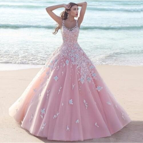 Princess Floral Flower Pink Ball Gown Quinceanera Dresses 2020 Applique Tulle Scoop Sleeveless Lace Bodice Long Prom Dresses